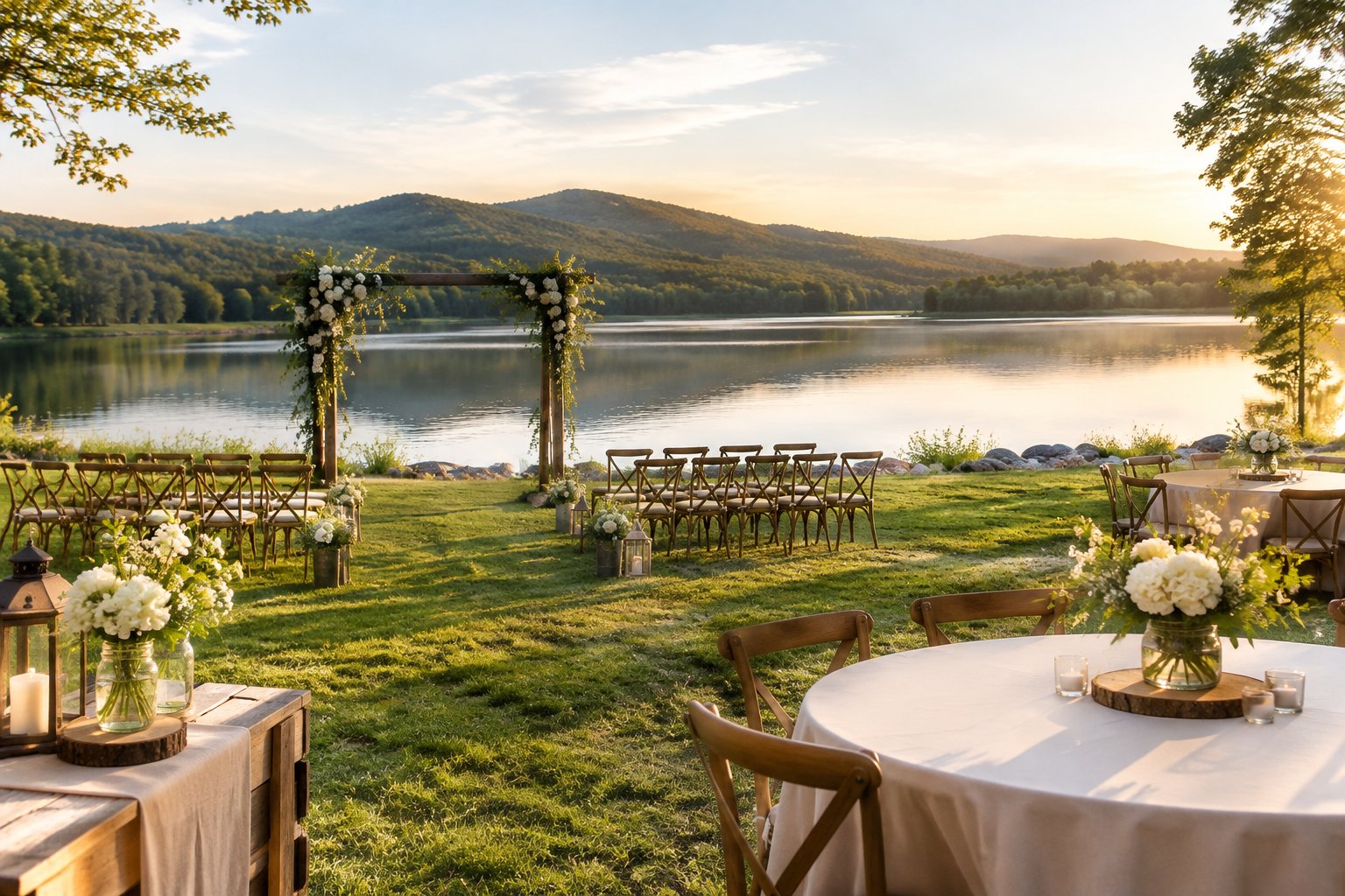 A simple wedding ceremony setup beside a calm lake.