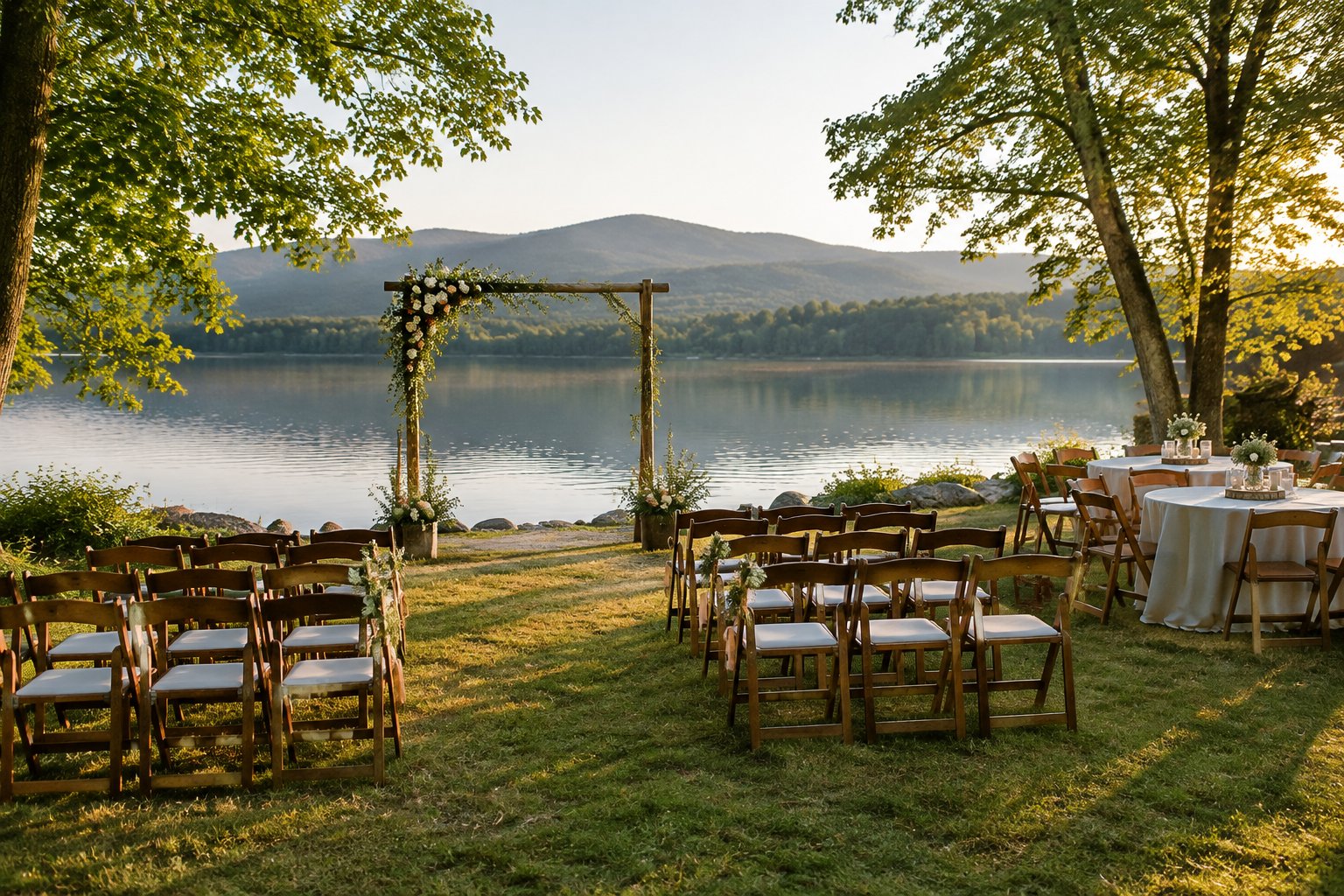 A simple outdoor wedding ceremony setup beside a calm lake.