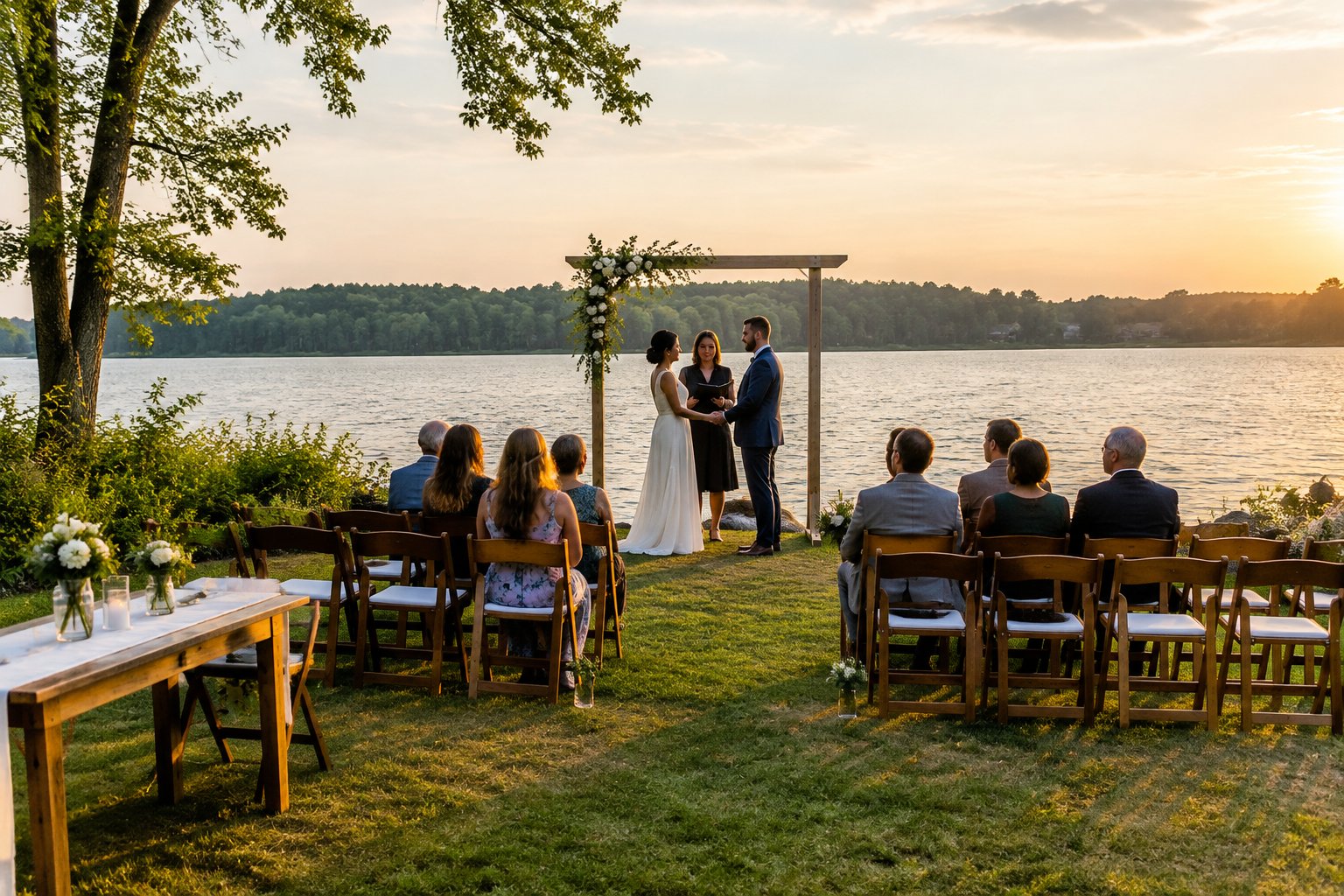 A couple exchanges vows at a simply decorated lakeside wedding ceremony.