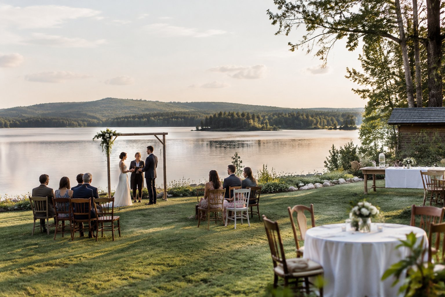A small outdoor wedding ceremony set beside a calm lake.