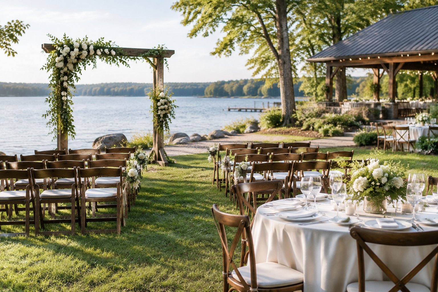 A simple wedding ceremony and reception setup beside a lake.