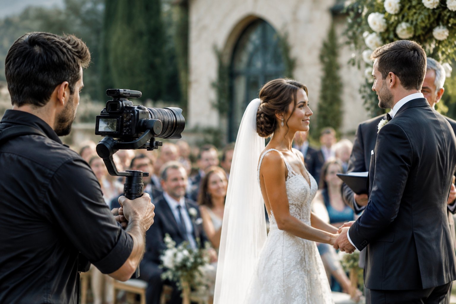 A wedding videographer films a couple during their ceremony.