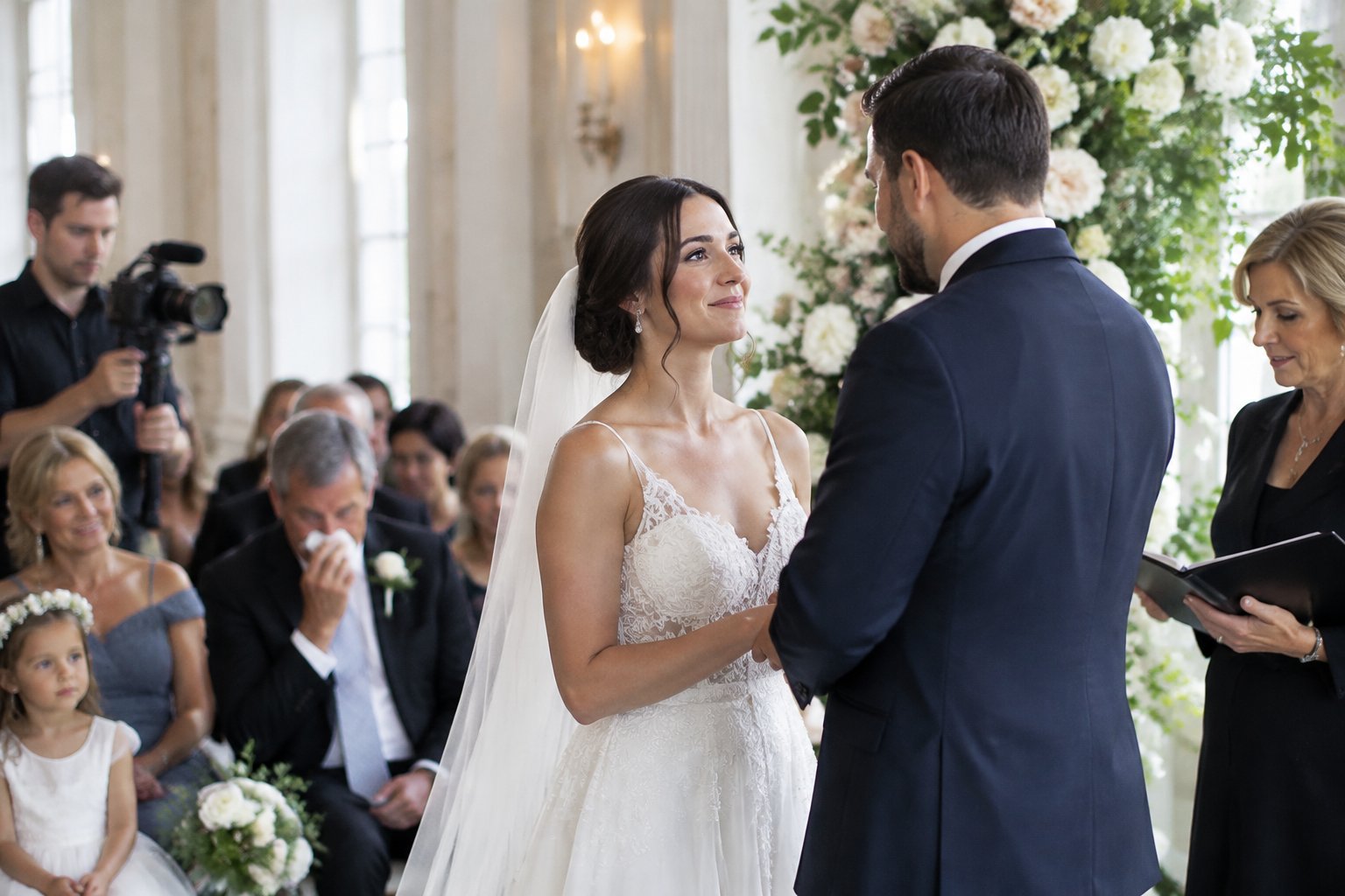 A videographer films a couple exchanging vows as their guests watch.