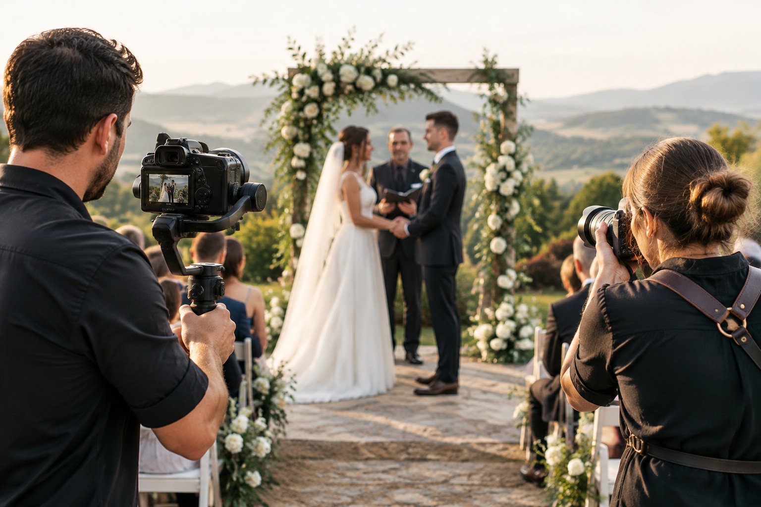 A videographer and photographer capture a couple exchanging vows at an outdoor wedding.