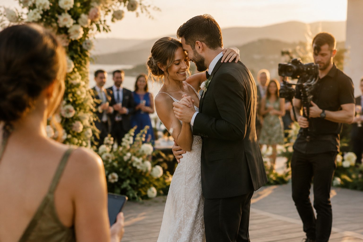 A couple dances at their wedding while a videographer films them.