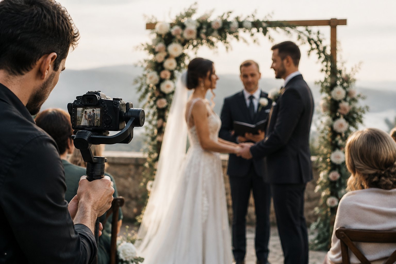 A videographer films a couple exchanging vows during their wedding ceremony.