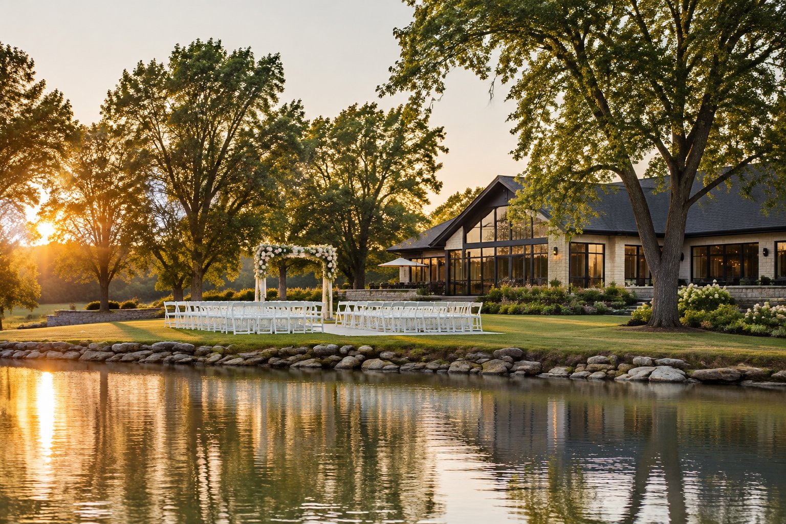 A wedding ceremony setup beside a lake with chairs, flowers, and a pavilion.