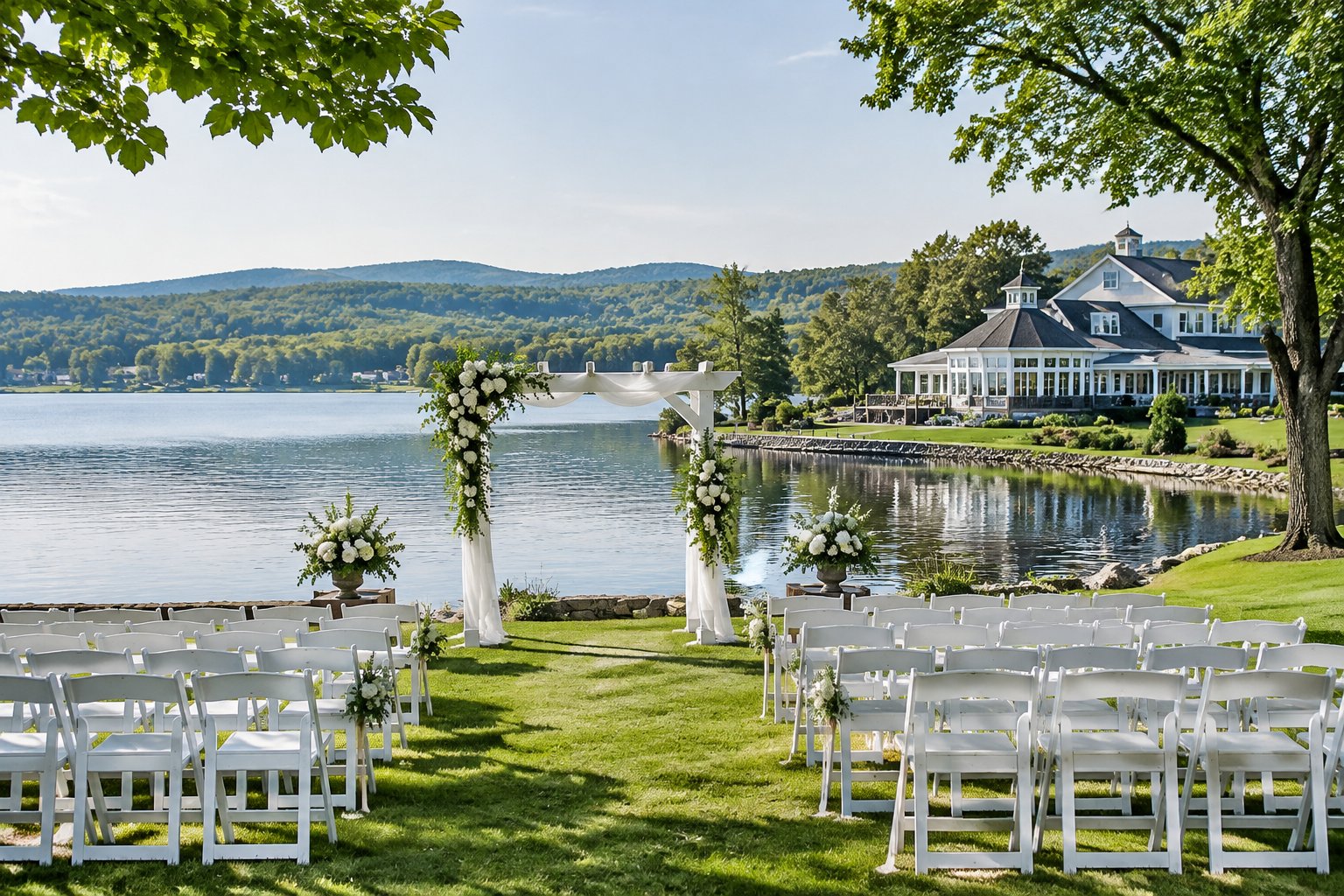 A wedding ceremony setup beside a lake, with chairs, flowers, and a pavilion nearby.