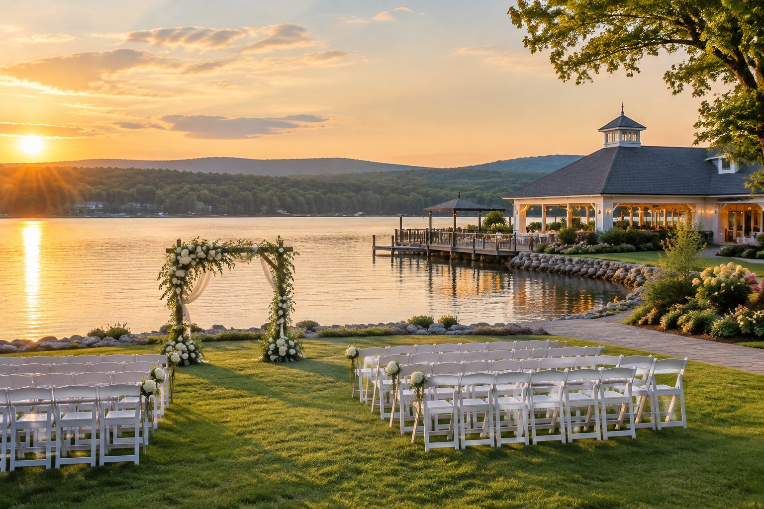 An outdoor wedding ceremony beside a lake, with a pavilion and tree-lined shore.