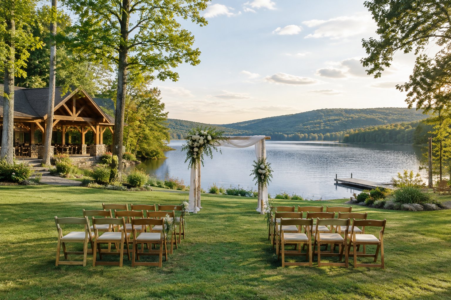 A lakeside wedding ceremony setup with chairs, a floral arch, a pavilion, and a dock.