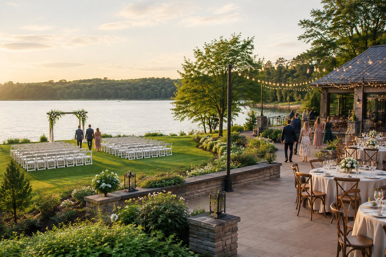 A lakeside wedding ceremony lawn beside a nearby reception terrace.