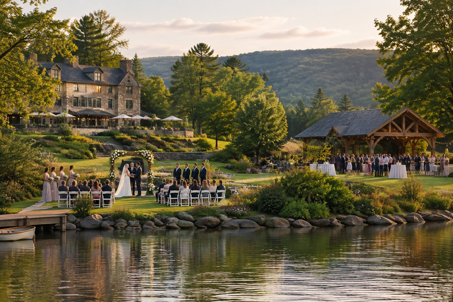 A wedding ceremony and reception beside a lake near wooded hills.