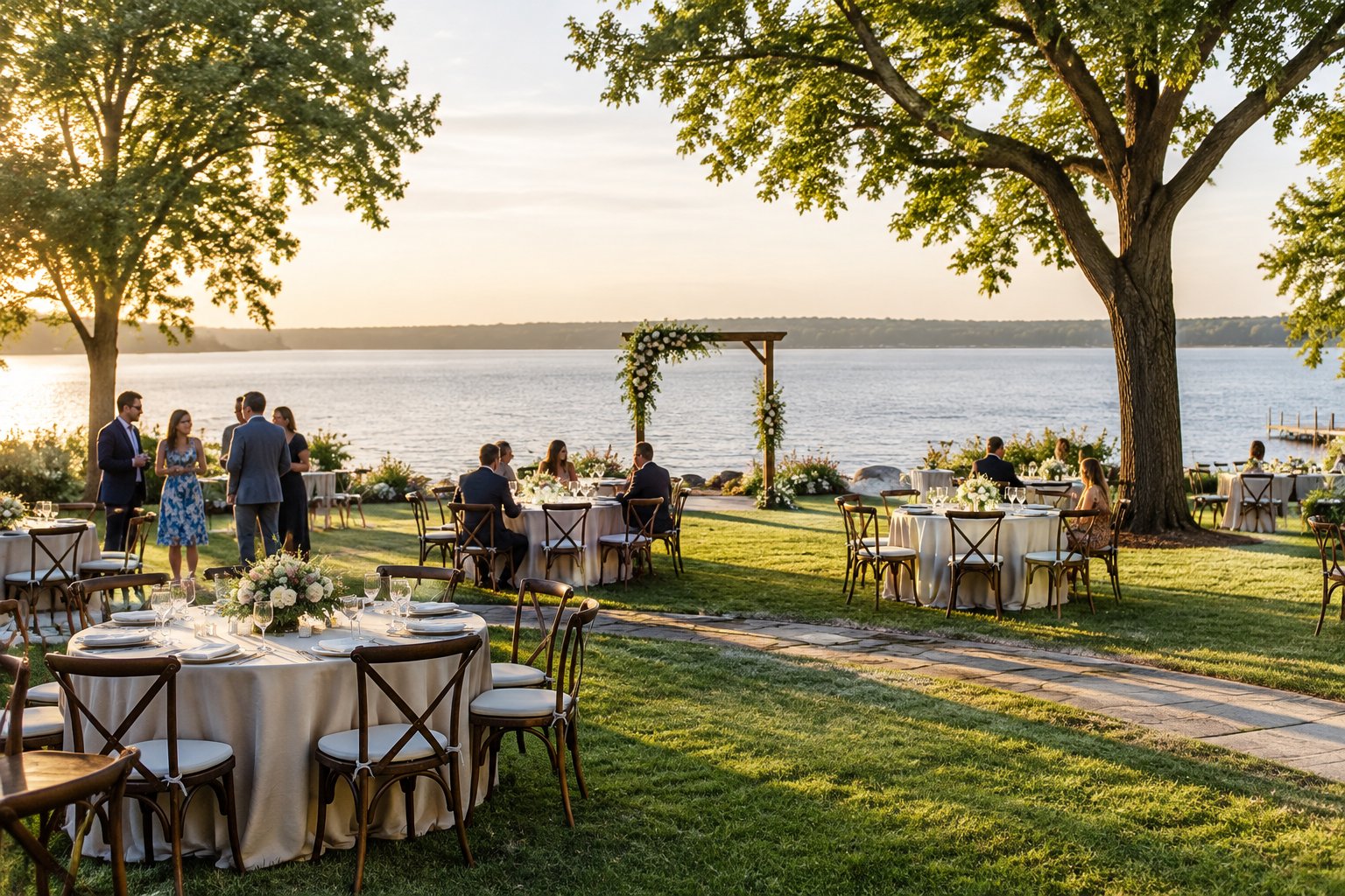 Guests gather at a wedding reception on a lawn beside a lake.