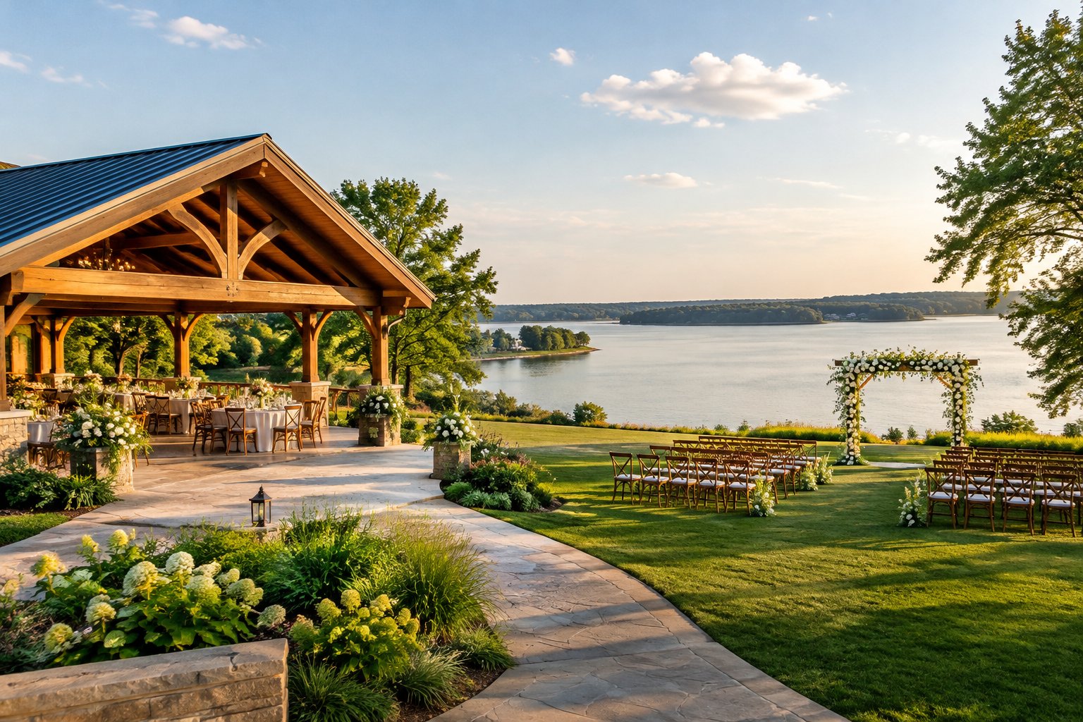 A lakeside wedding venue with a pavilion and an outdoor ceremony area.