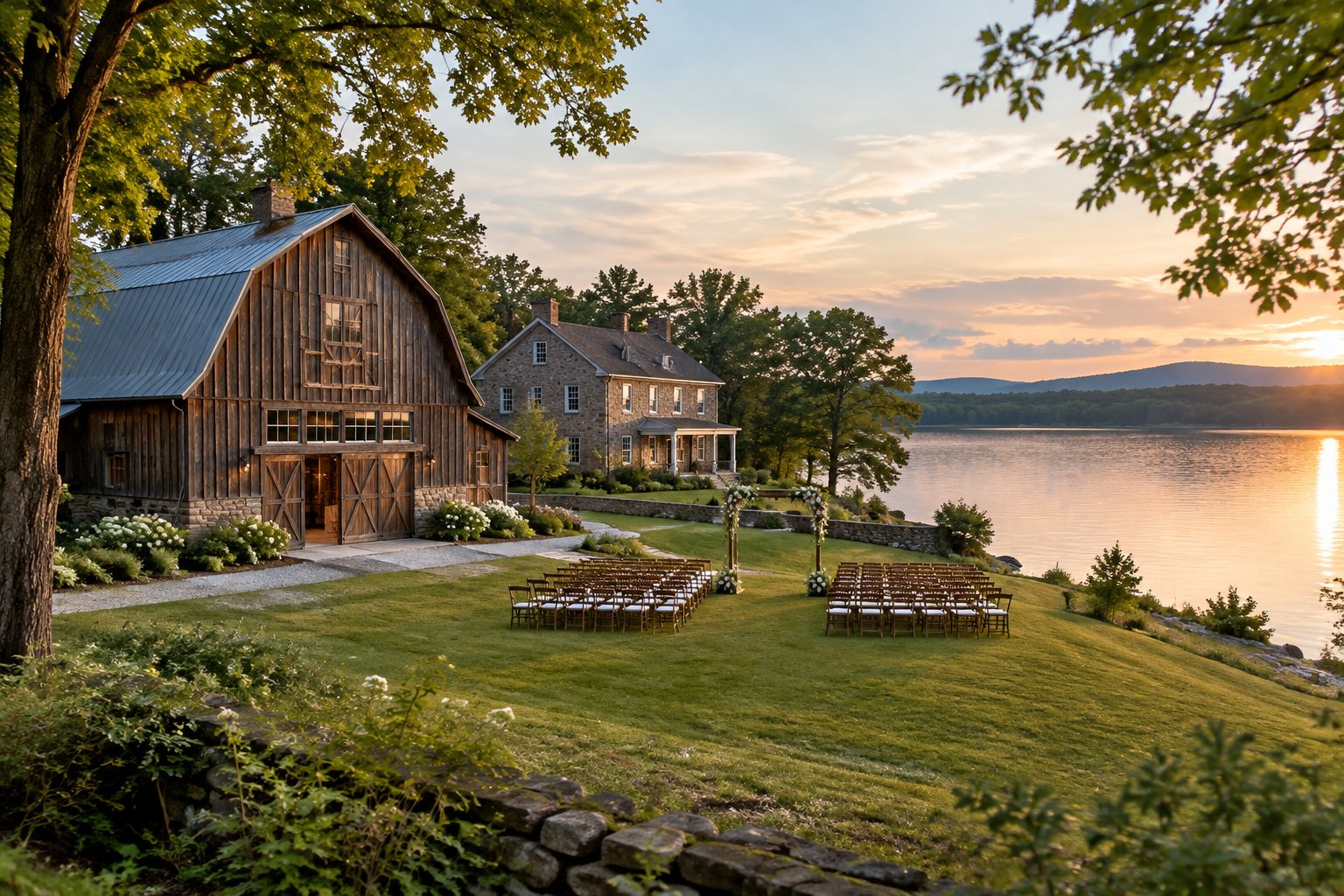 A historic barn and estate beside a lake with an outdoor wedding setup.