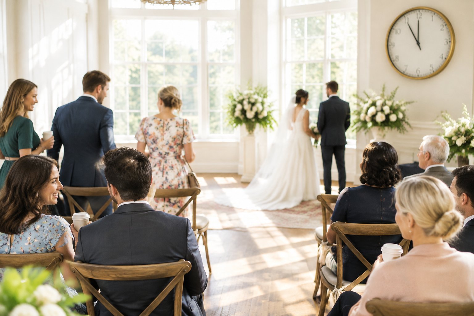 Wedding guests gather as a couple prepares for a late-morning ceremony.