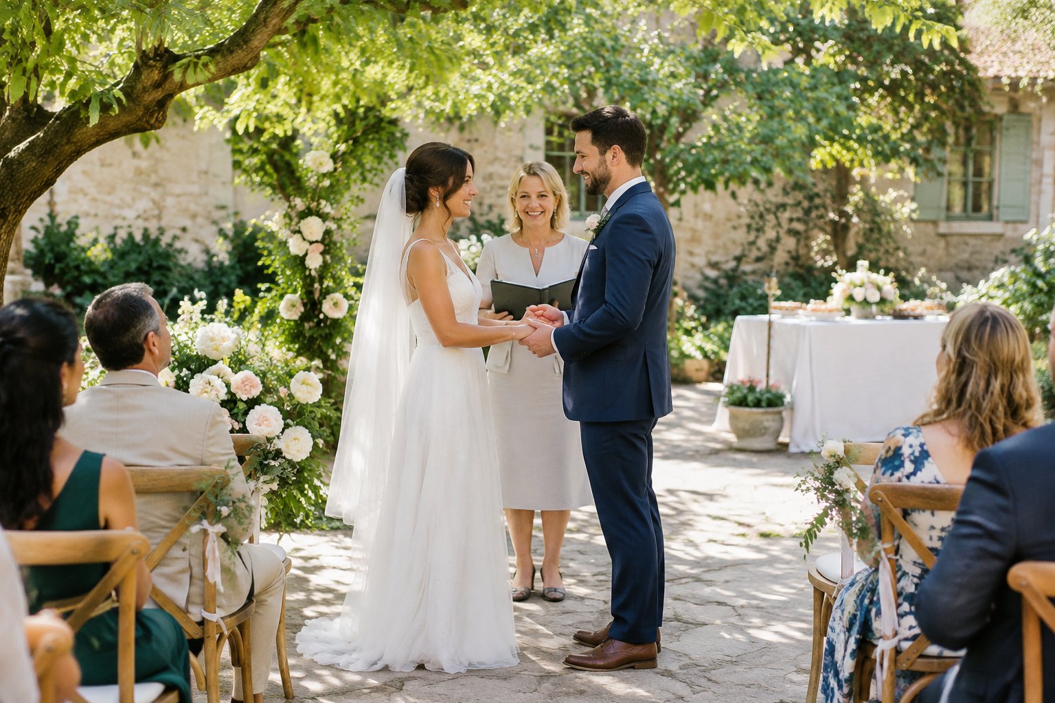 A couple exchanges wedding vows in a sunny garden as guests watch.
