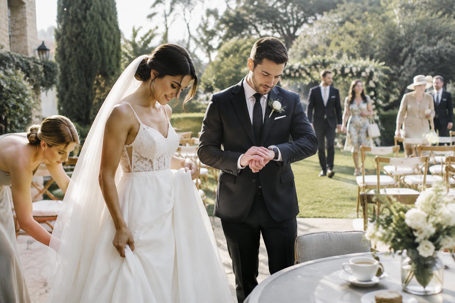 A bride and groom prepare for a morning garden wedding as guests arrive.