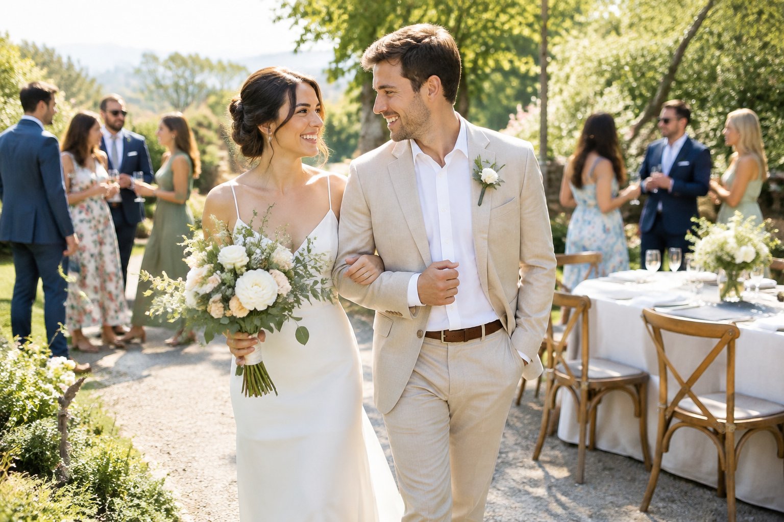 A newlywed couple walks toward a garden brunch reception as wedding guests mingle.