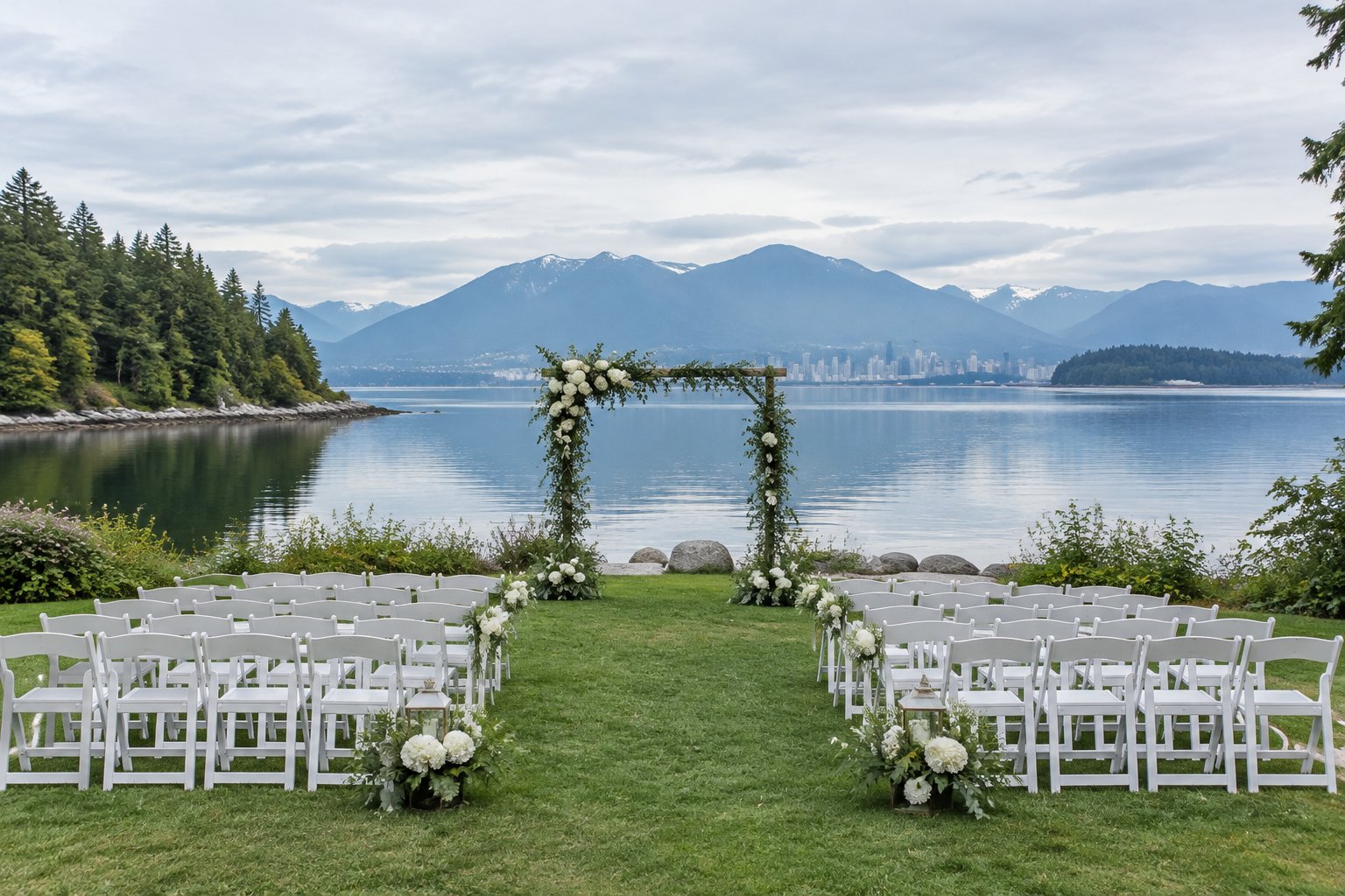A lakeside wedding ceremony setup with white chairs beside calm water, evergreen trees, and distant mountains.