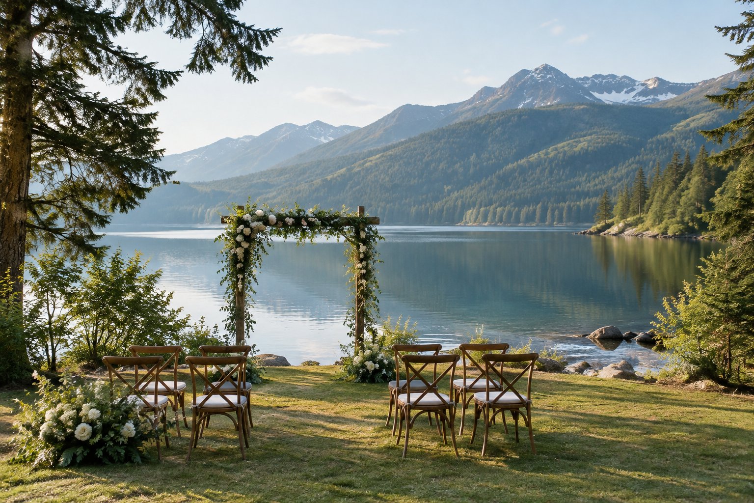 An outdoor wedding ceremony setup beside a lake surrounded by evergreen forest and mountains.