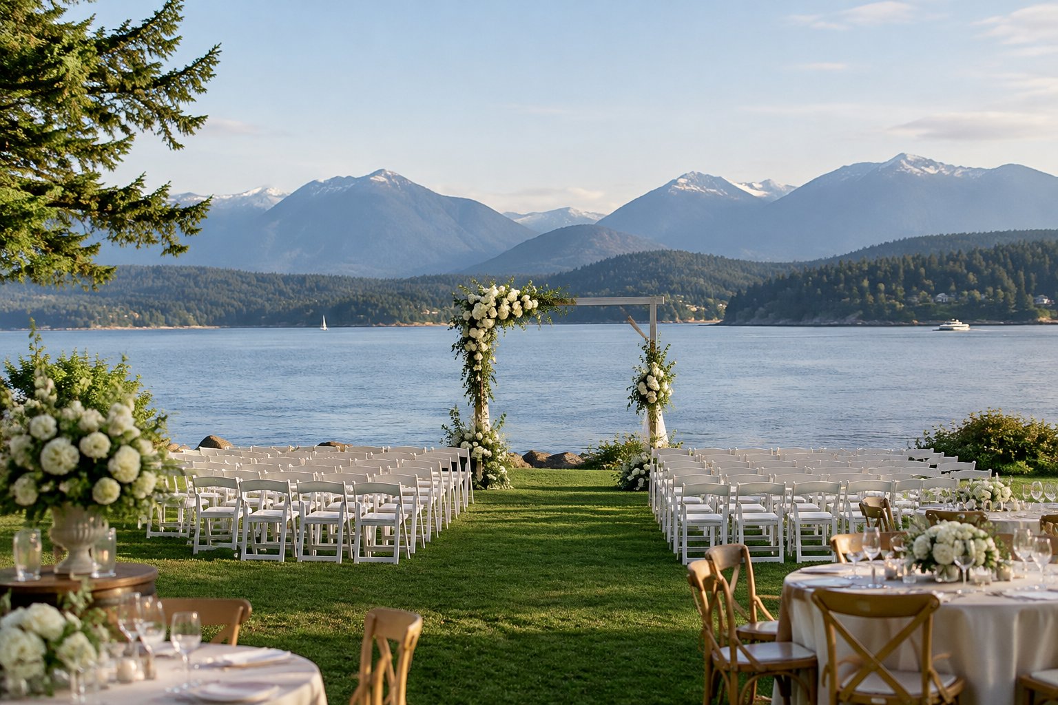 An outdoor wedding ceremony beside a lake with forested hills in the distance.