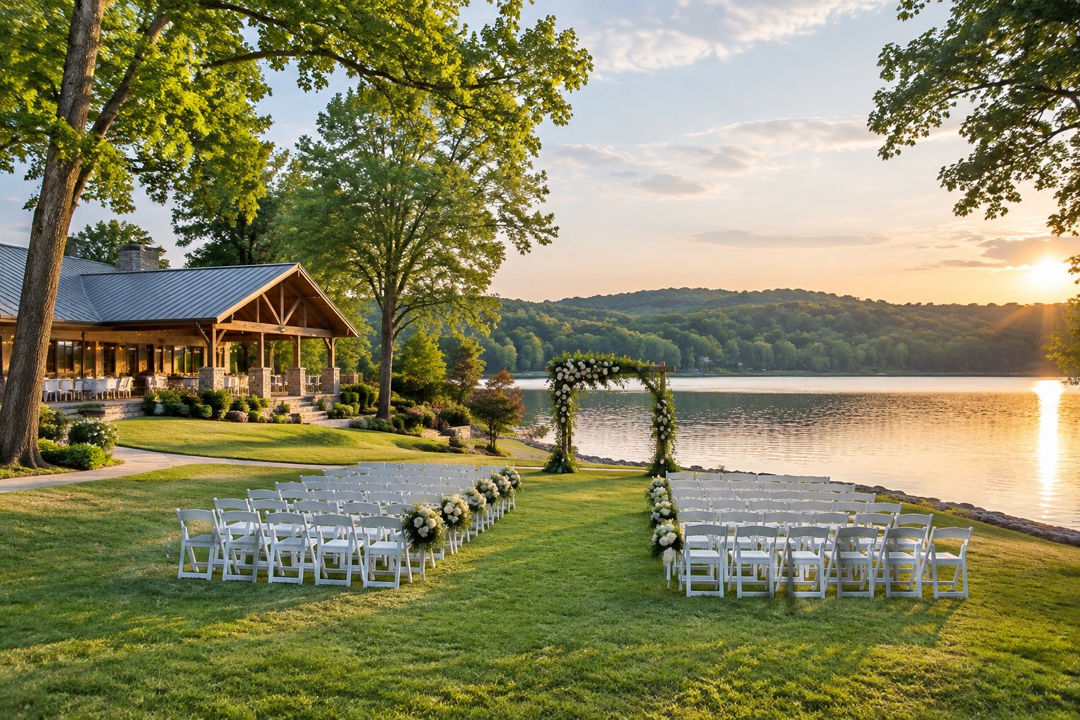 A lakeside wedding ceremony setup with white chairs and a floral arch beside a calm lake.