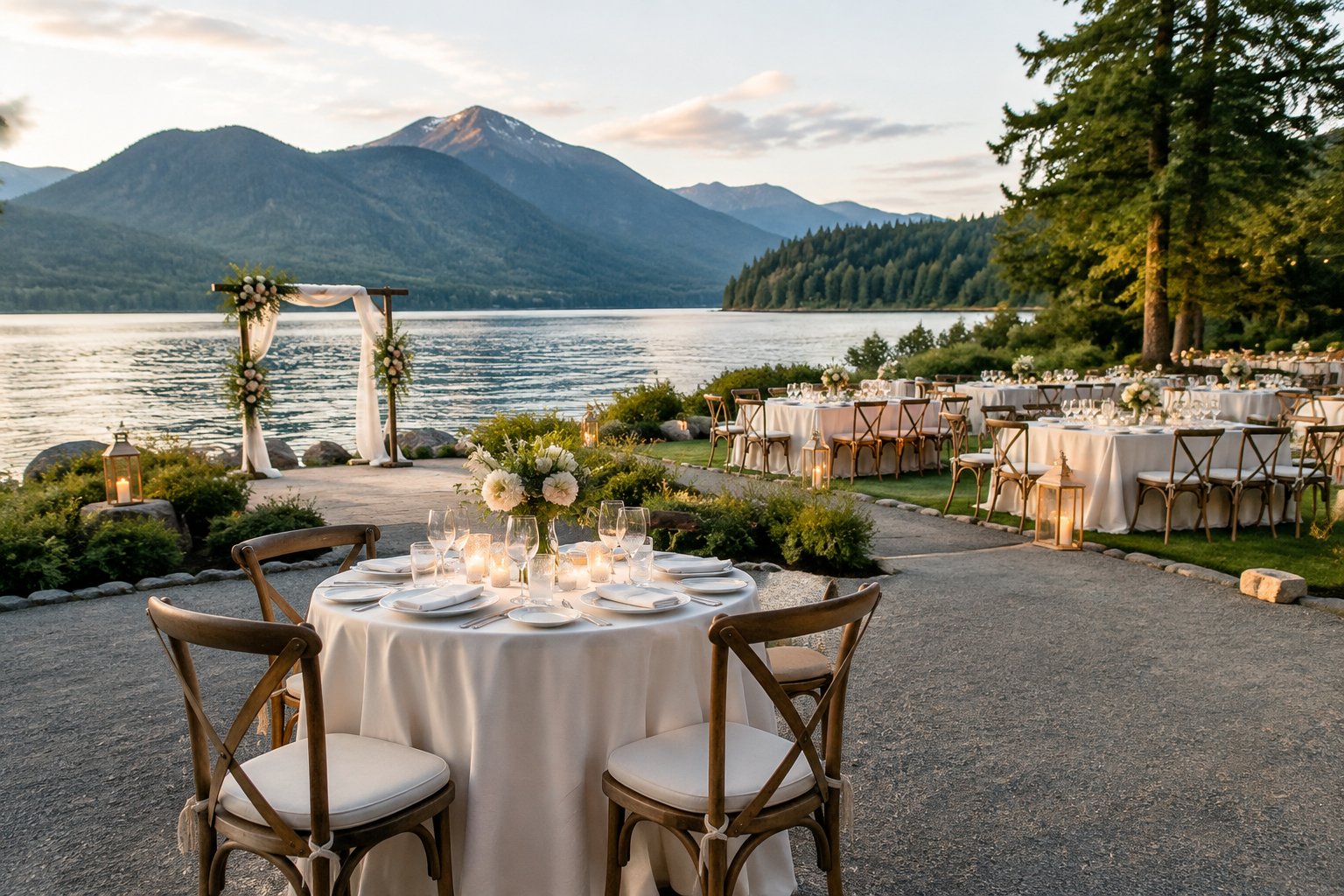 Wedding tables arranged beside a lake with forested mountains in the distance.