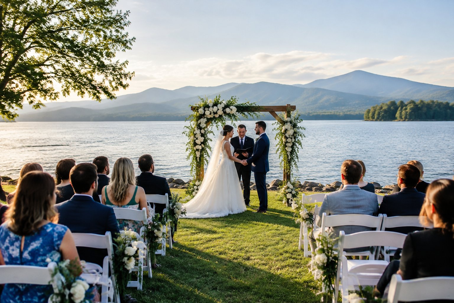 A lakeside wedding ceremony with white chairs and a floral arch beside a mountain lake.