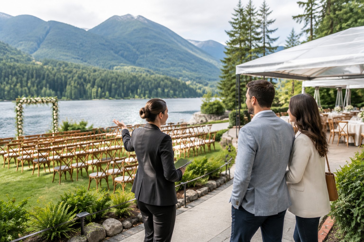 A couple and venue coordinator inspect an outdoor wedding space beside a lake.