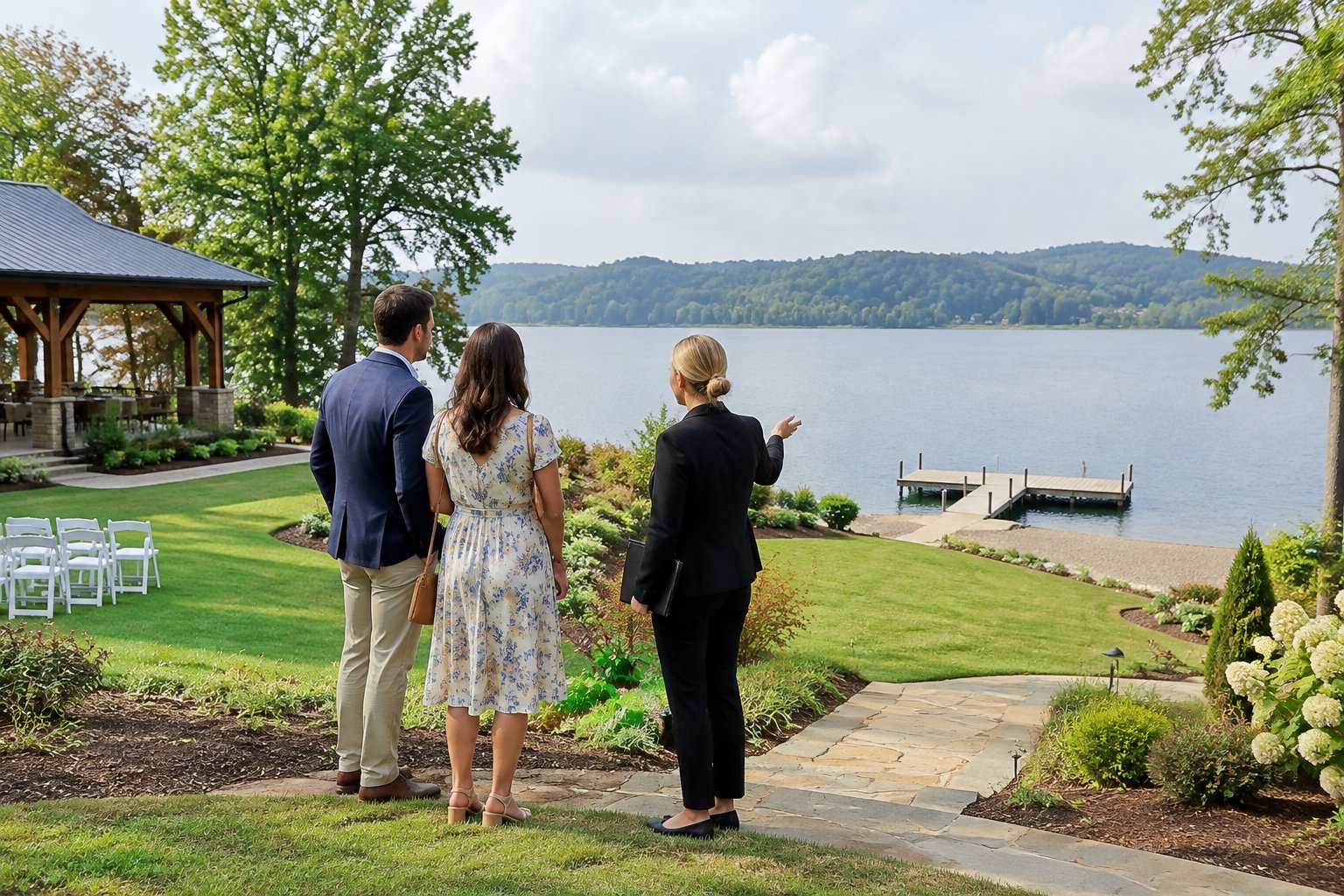 A couple and venue coordinator look toward a lakeshore path and dock at a wedding venue.
