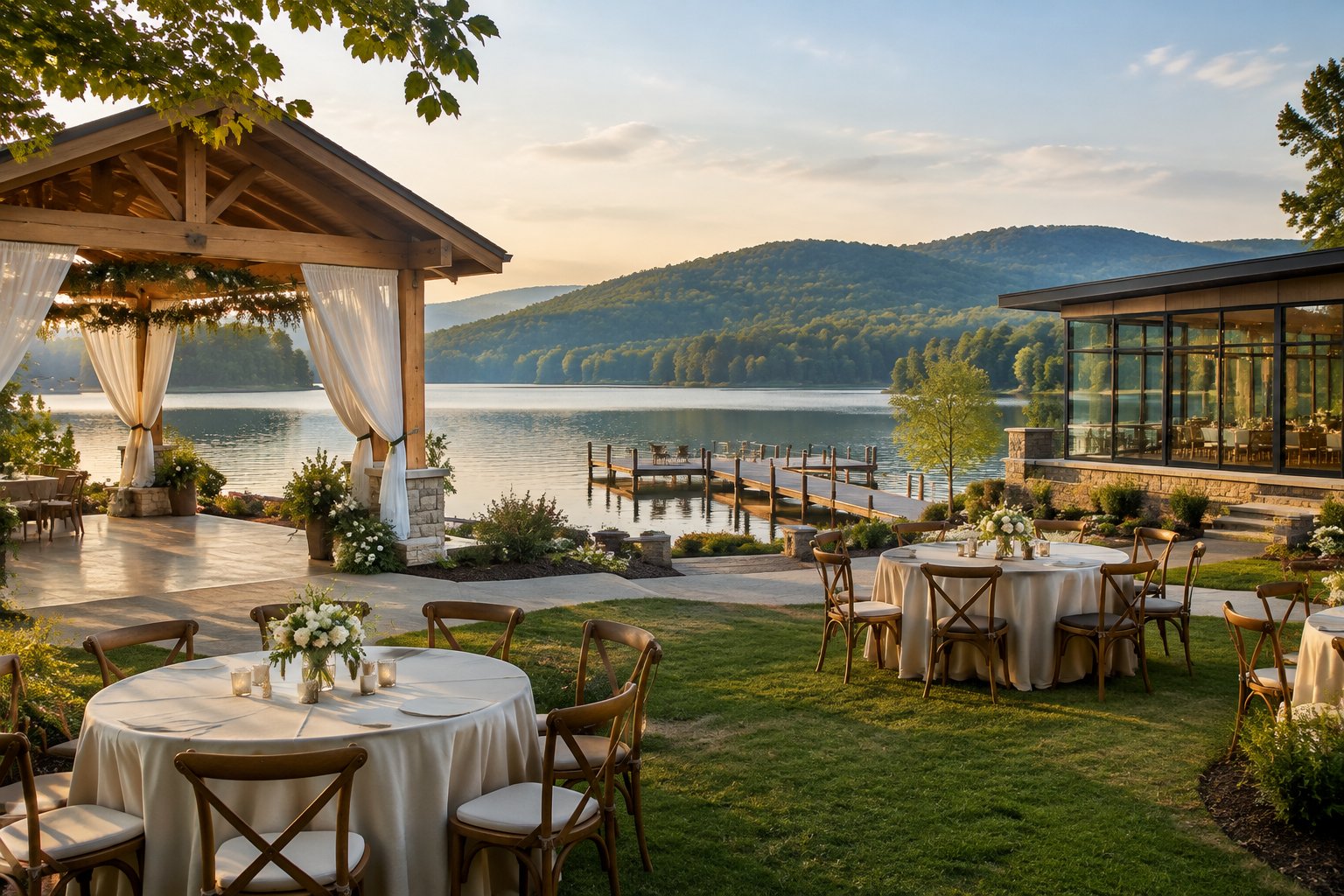 Two wedding venues beside a lake with wooded hills in the distance.