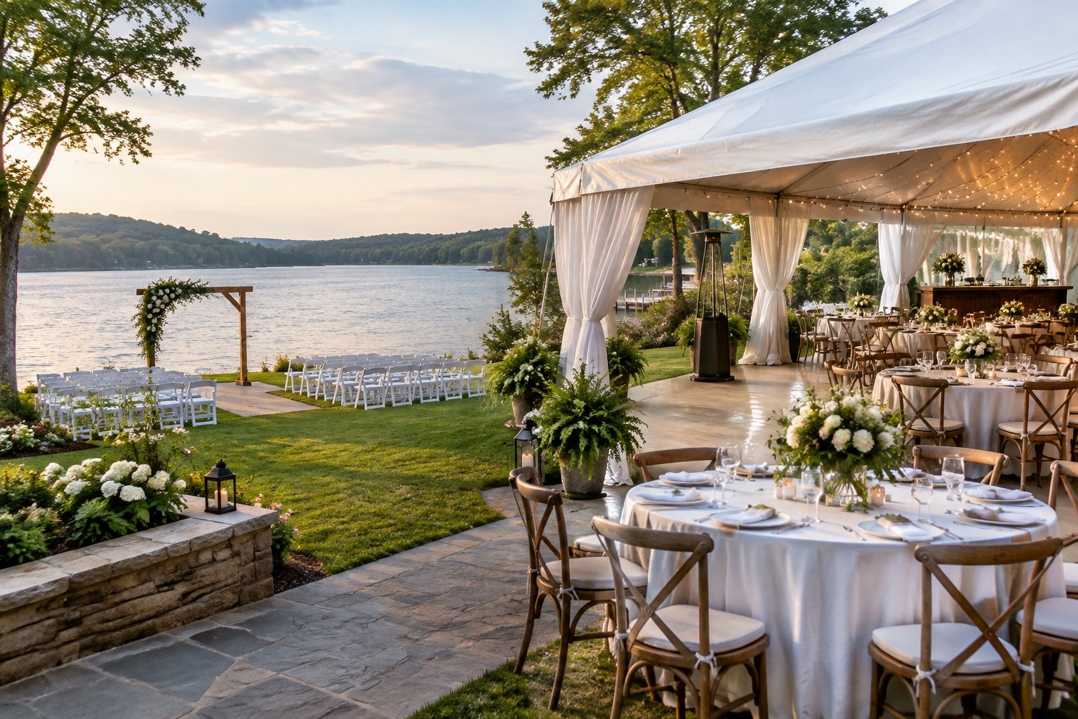 A tented wedding reception with tables beside a lake.