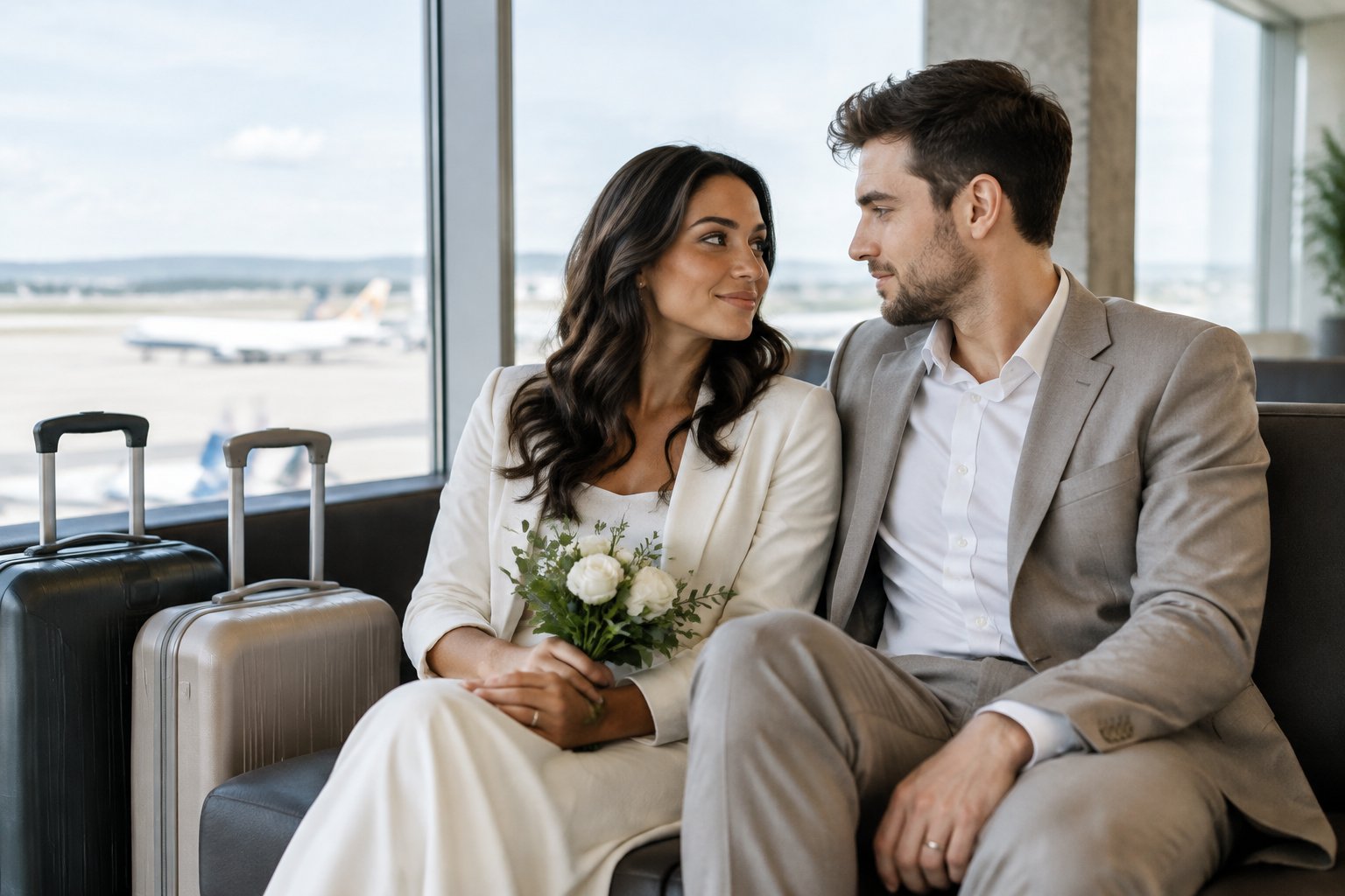 A newly married couple sit together beside their suitcases in an airport lounge.