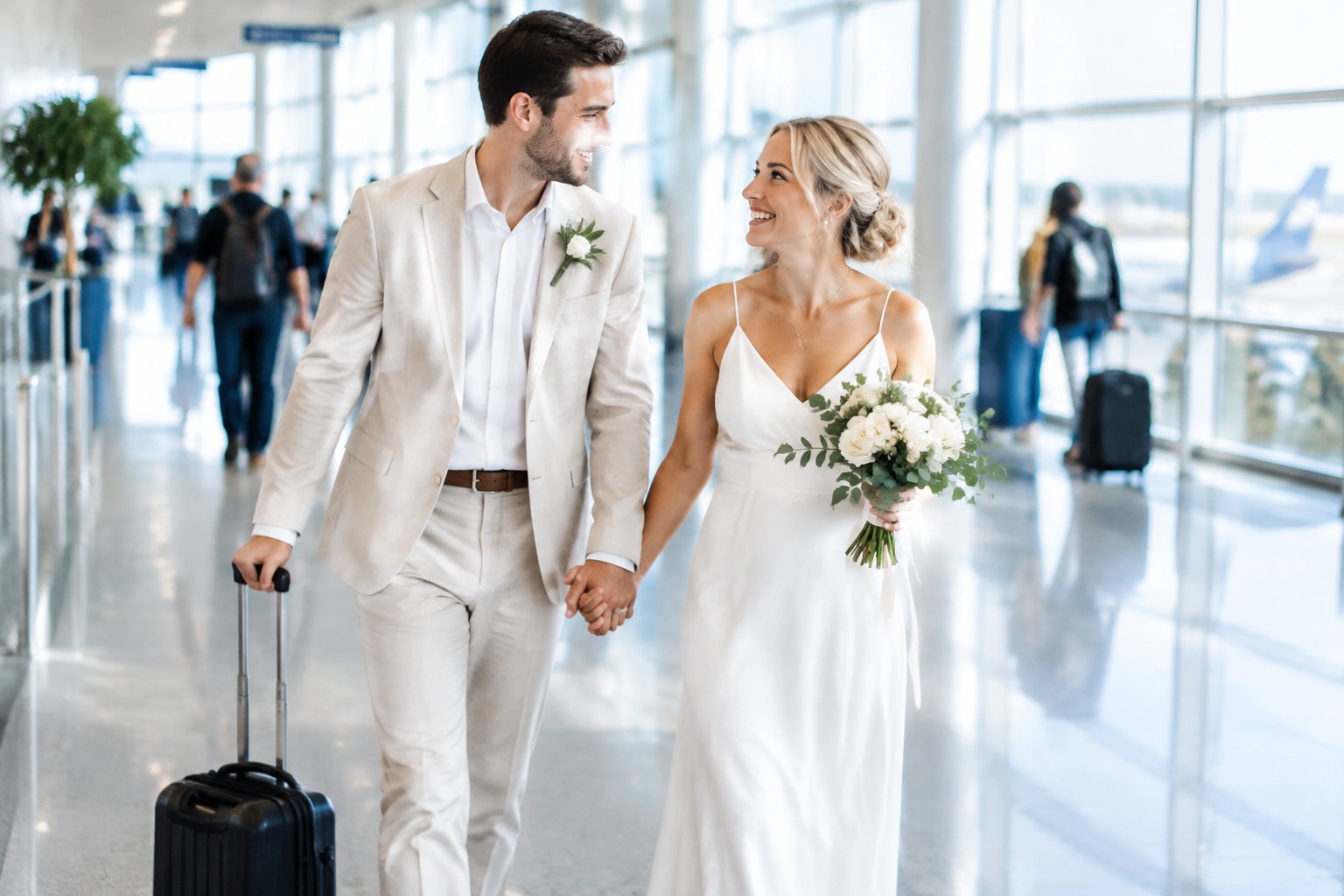 A newly married couple walks hand in hand through an airport with a suitcase.