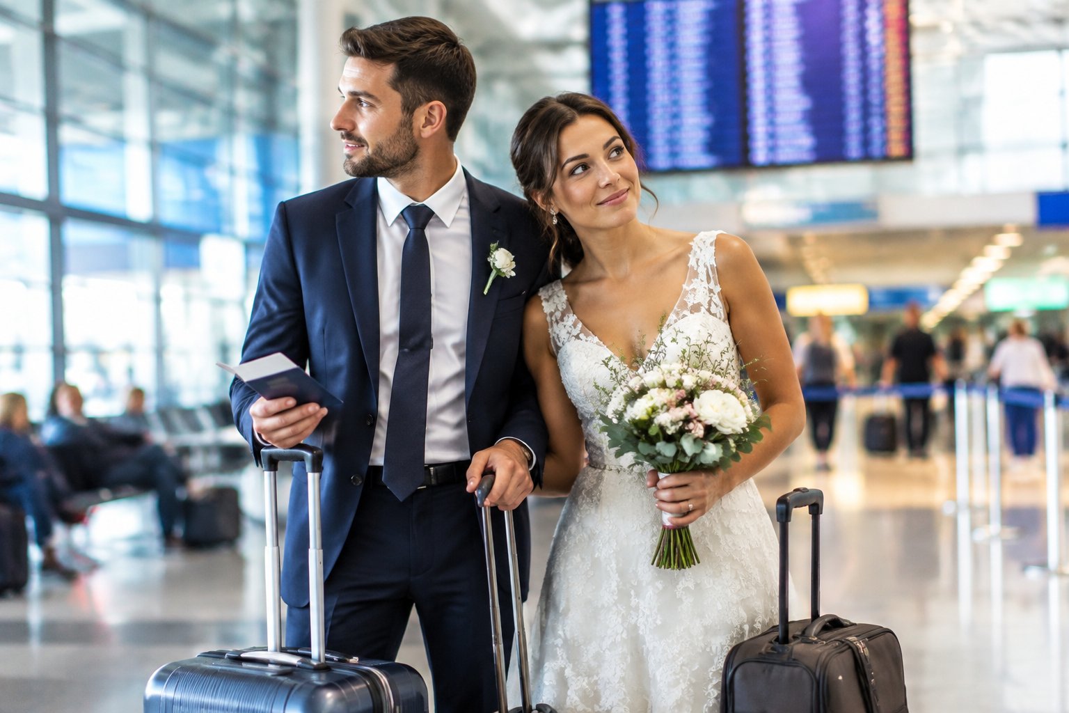 A newlywed couple with suitcases pauses together near an airport departure gate.