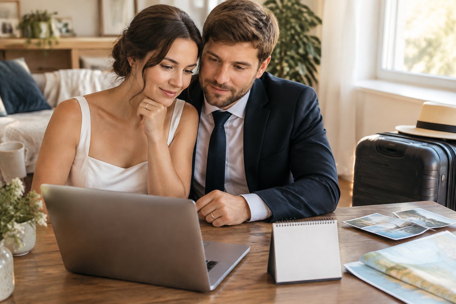 A newlywed couple reviews travel plans together at home beside a suitcase.