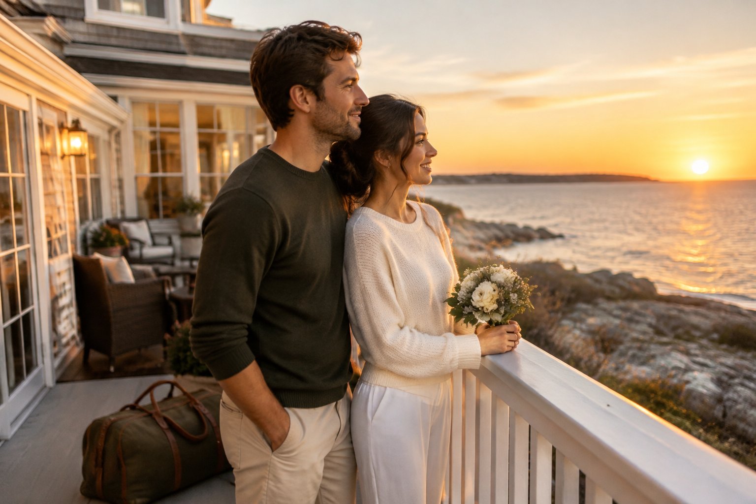 A newly married couple relaxes together on a seaside balcony with a small travel bag nearby.