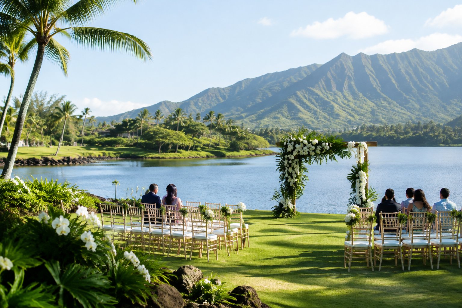 A wedding ceremony setup on a lawn beside a lake, surrounded by tropical greenery and mountains.