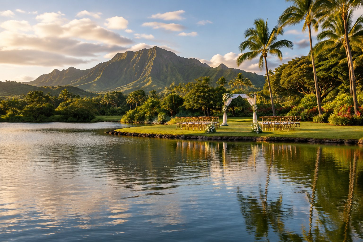 A wedding ceremony setup beside a calm lake, with tropical greenery and mountains behind it.