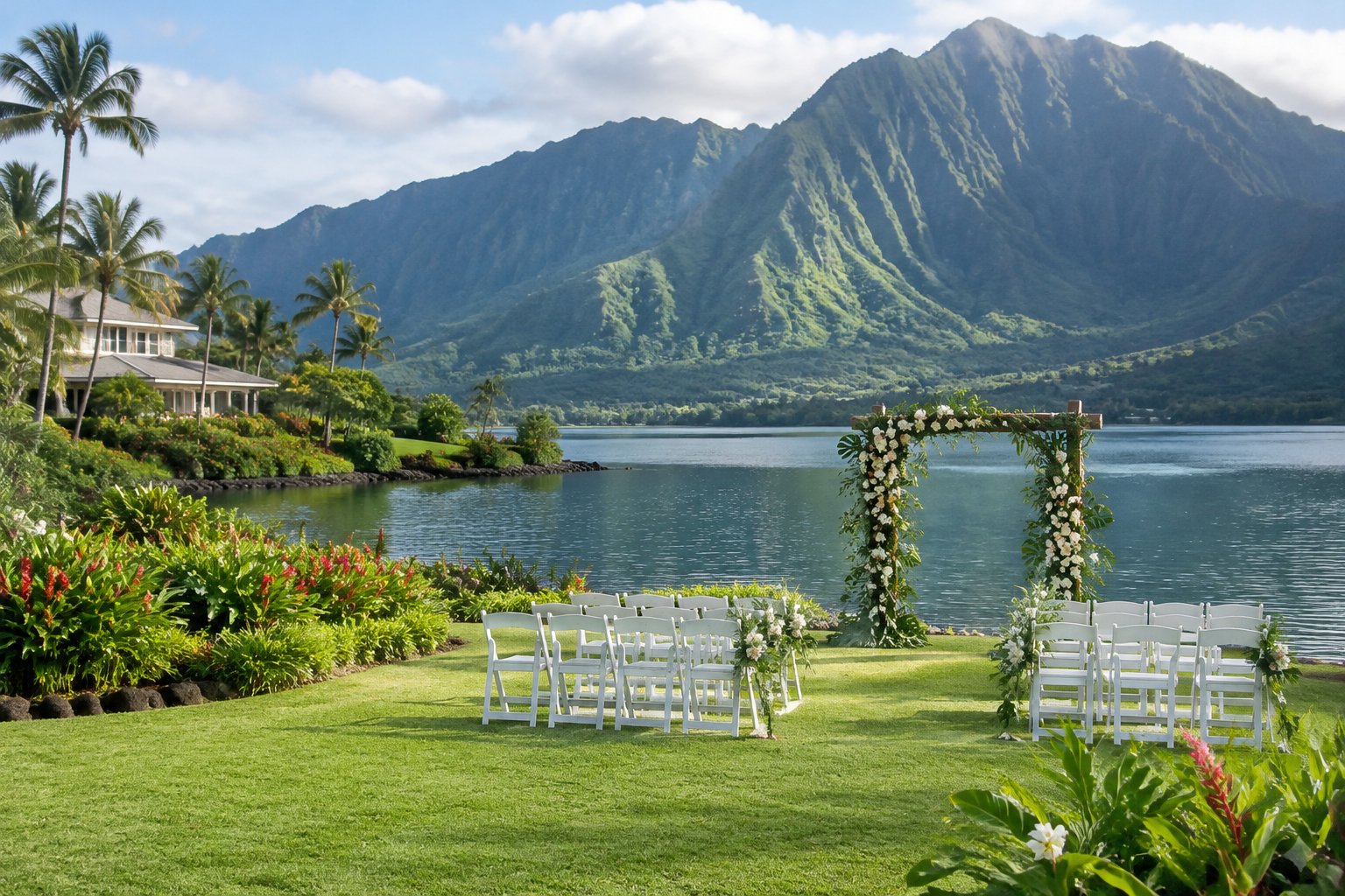 A garden wedding ceremony beside calm water with green mountains in the distance.
