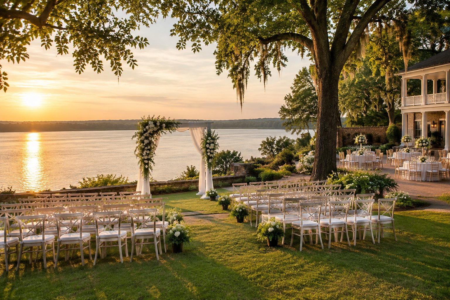 A decorated wedding ceremony area beside a calm lake, with rows of chairs and trees nearby.