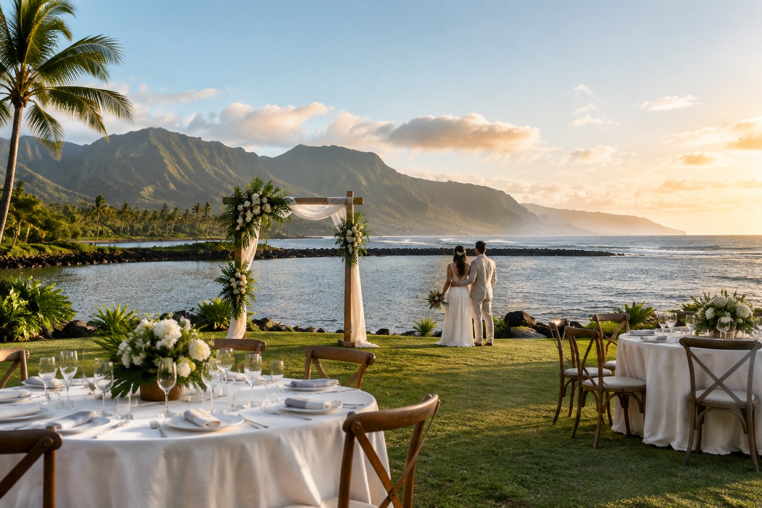 A couple stands beside a waterfront wedding reception with Oahu’s green mountains in the distance.