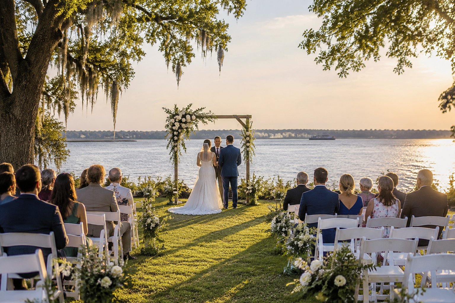 A couple exchanges vows beside a lake as guests sit among white ceremony chairs.