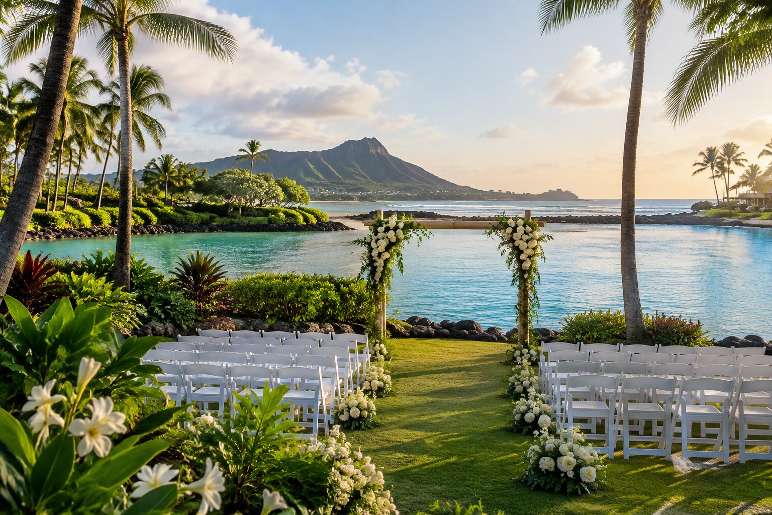 A wedding ceremony setup beside a tropical lagoon, framed by a lush garden.