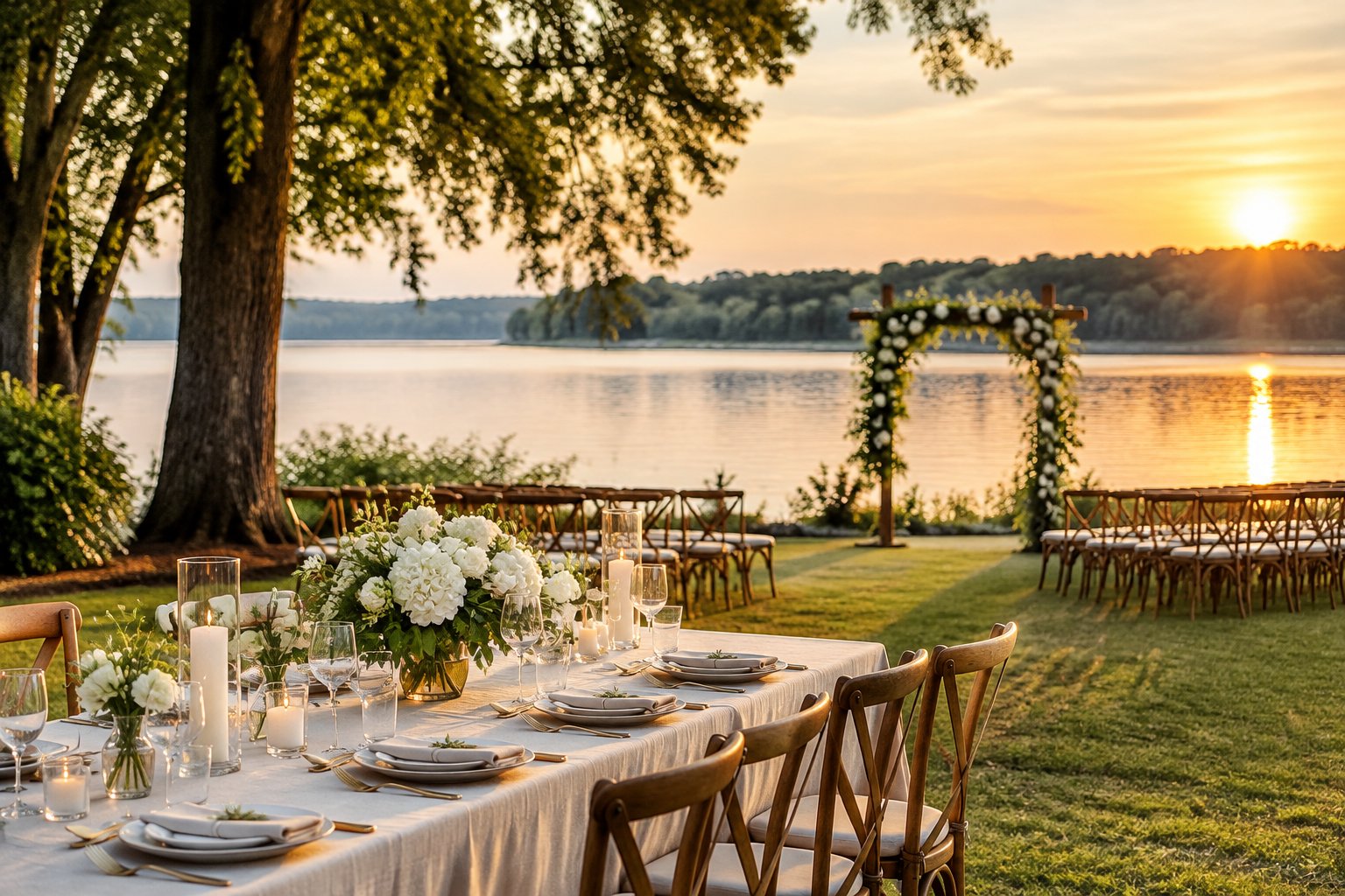 A wedding reception table beside a calm lake.