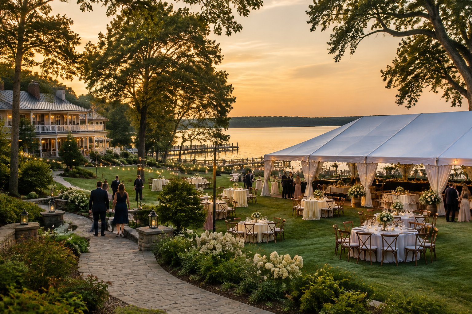 A wedding reception venue beside a lake with a nearby lodge.