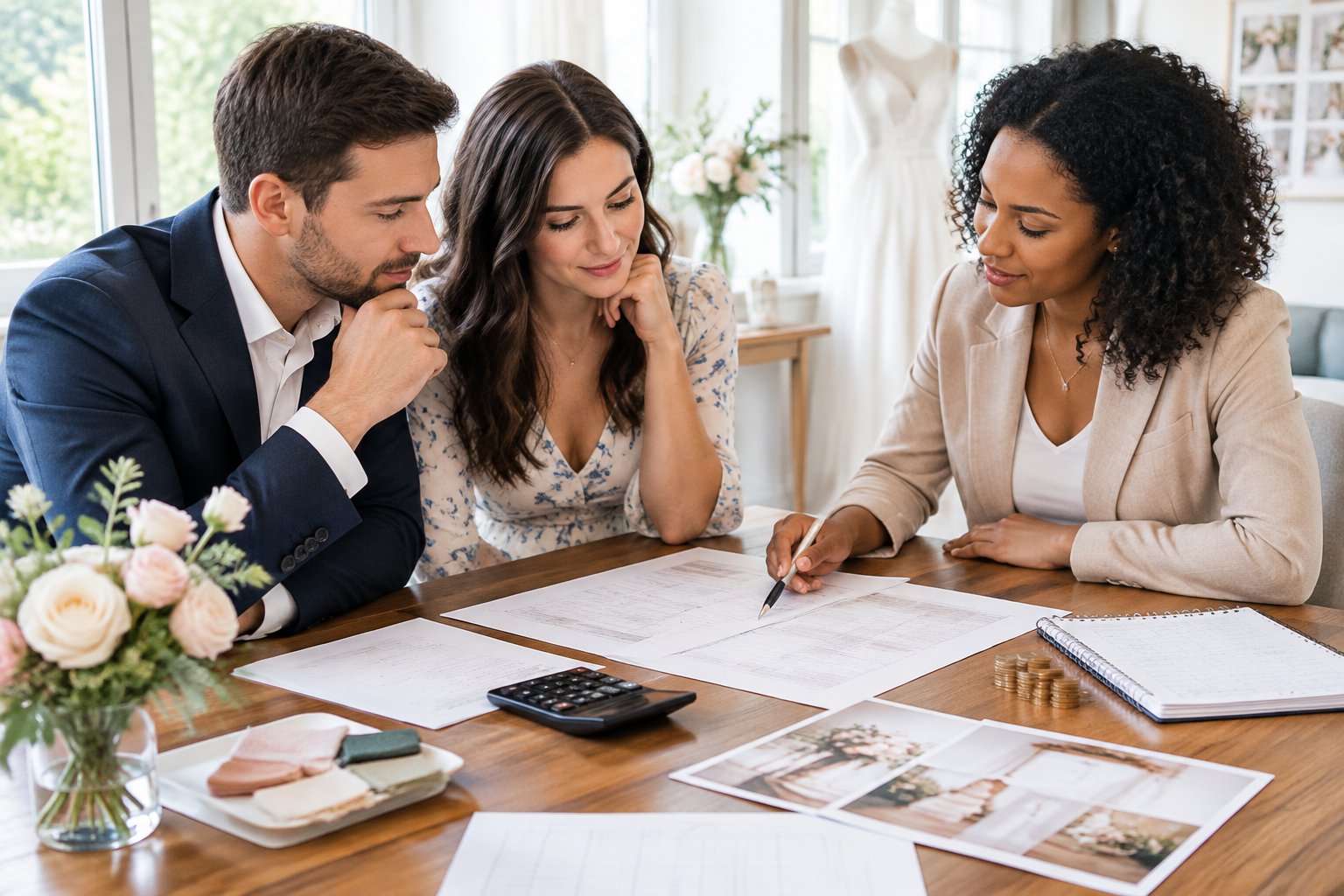 An engaged couple reviews wedding costs with a wedding planner at a table.