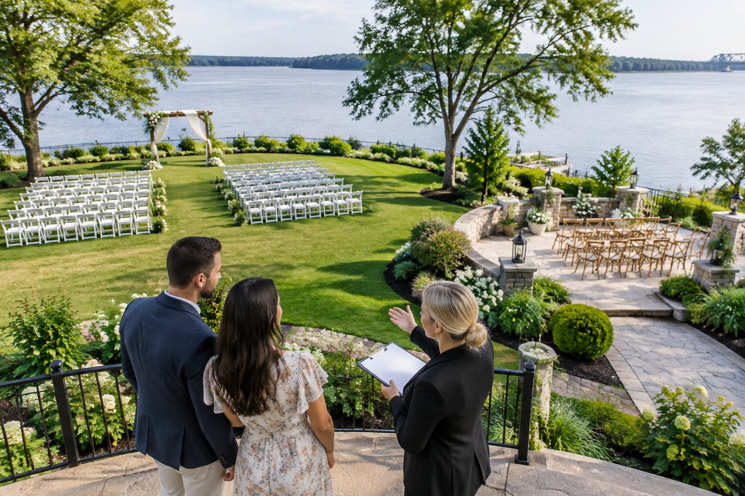 A couple and wedding planner compare seating areas at two lakeside wedding venues.