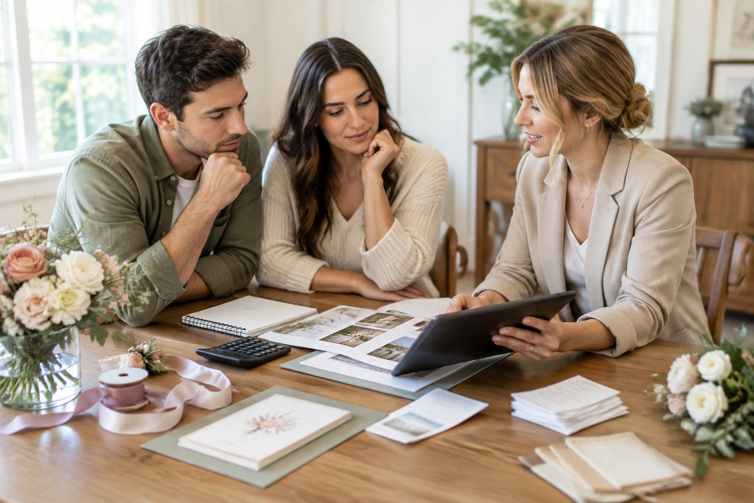 An engaged couple compares wedding plans and costs with a wedding planner at a table.